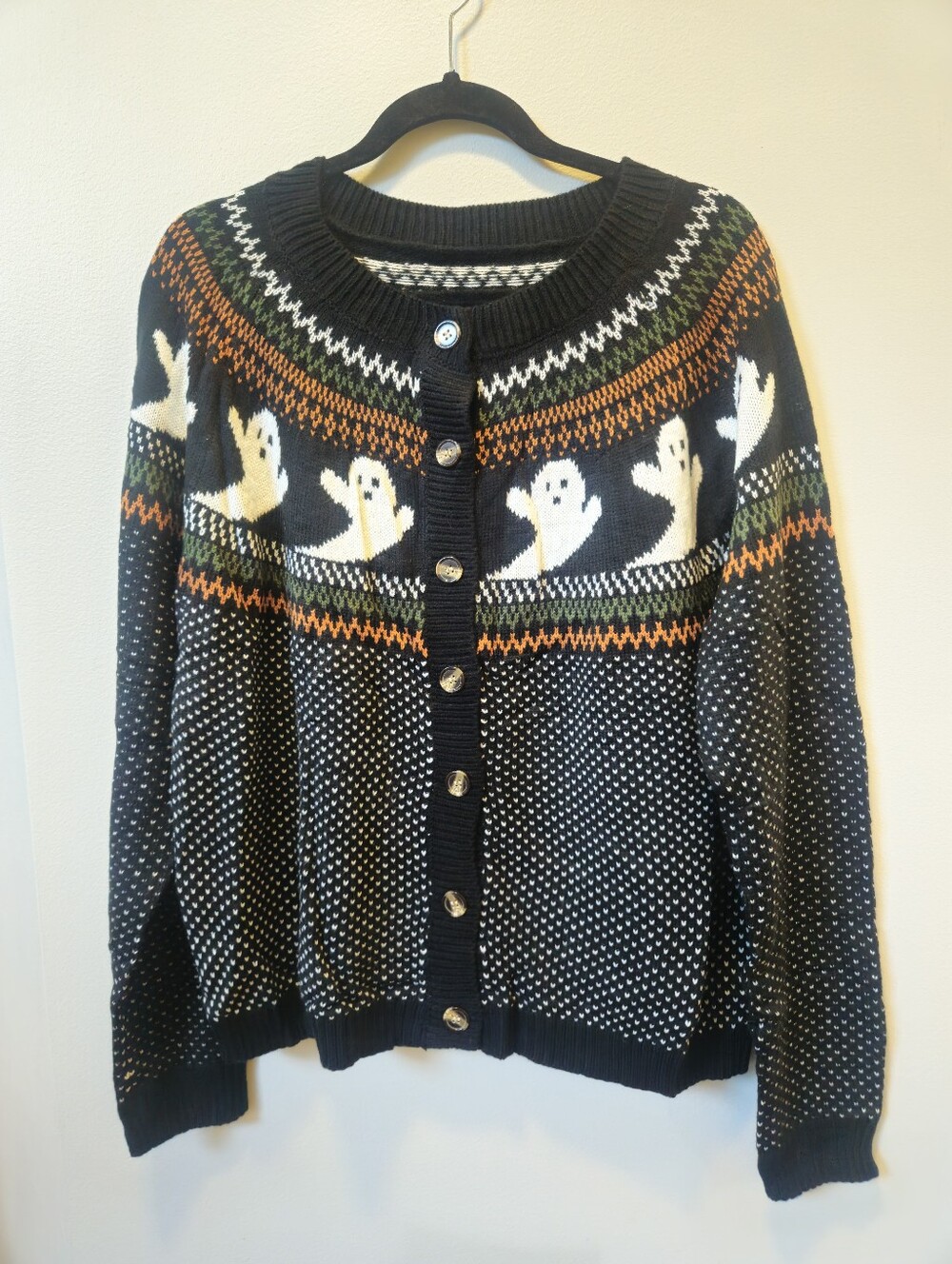 Halloween Sweater fair isle Spooky Ghosts Black Vintage Style Retro Cardigan XL
